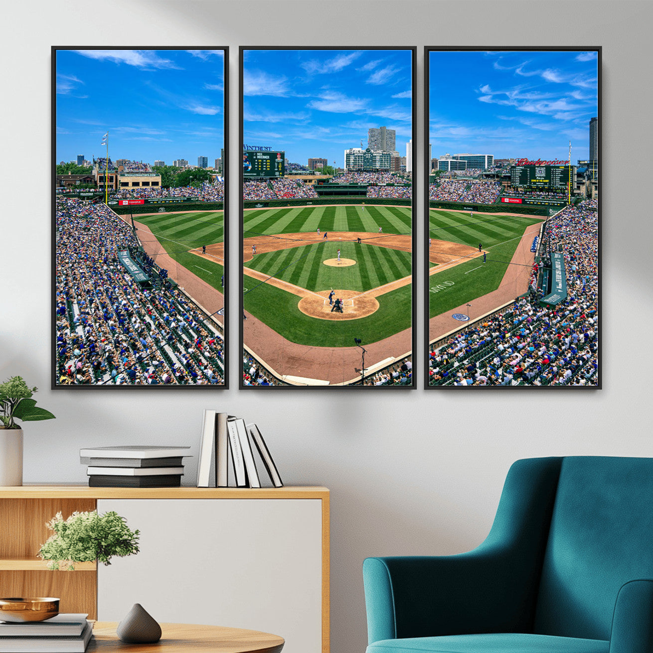 35800083-MGV-FC-48X32-3P - Wrigley Field Baseball Stadium Canvas Wall Art – Packed Crowd Sports Stadium City Skyline Artwork for Home Office