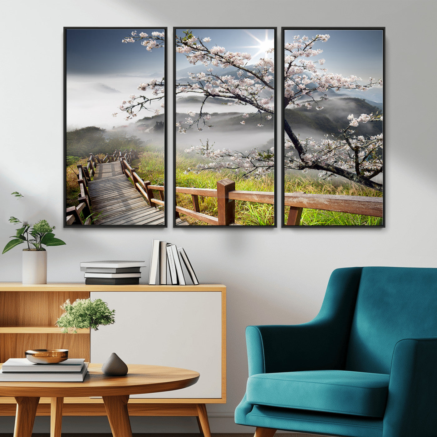 MGV-FC-48X32-3P - Sakura Cherry Blossom Pathway Canvas Wall Art – Tranquil Walk Through Blossoming Nature – Ready to
