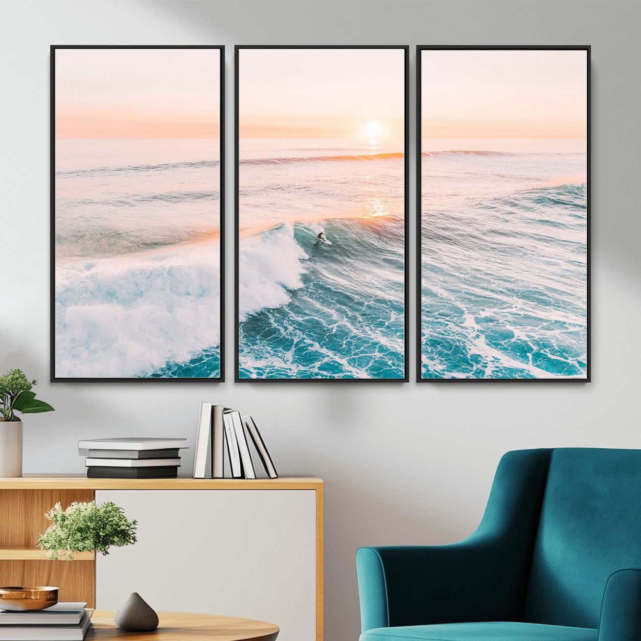 34064591-MGV-CV-36X24 - Sunset Surfing Wall Art Canvas Print, Ocean Wave Surfer with Golden Sky Artwork for Home, Office, Living Room