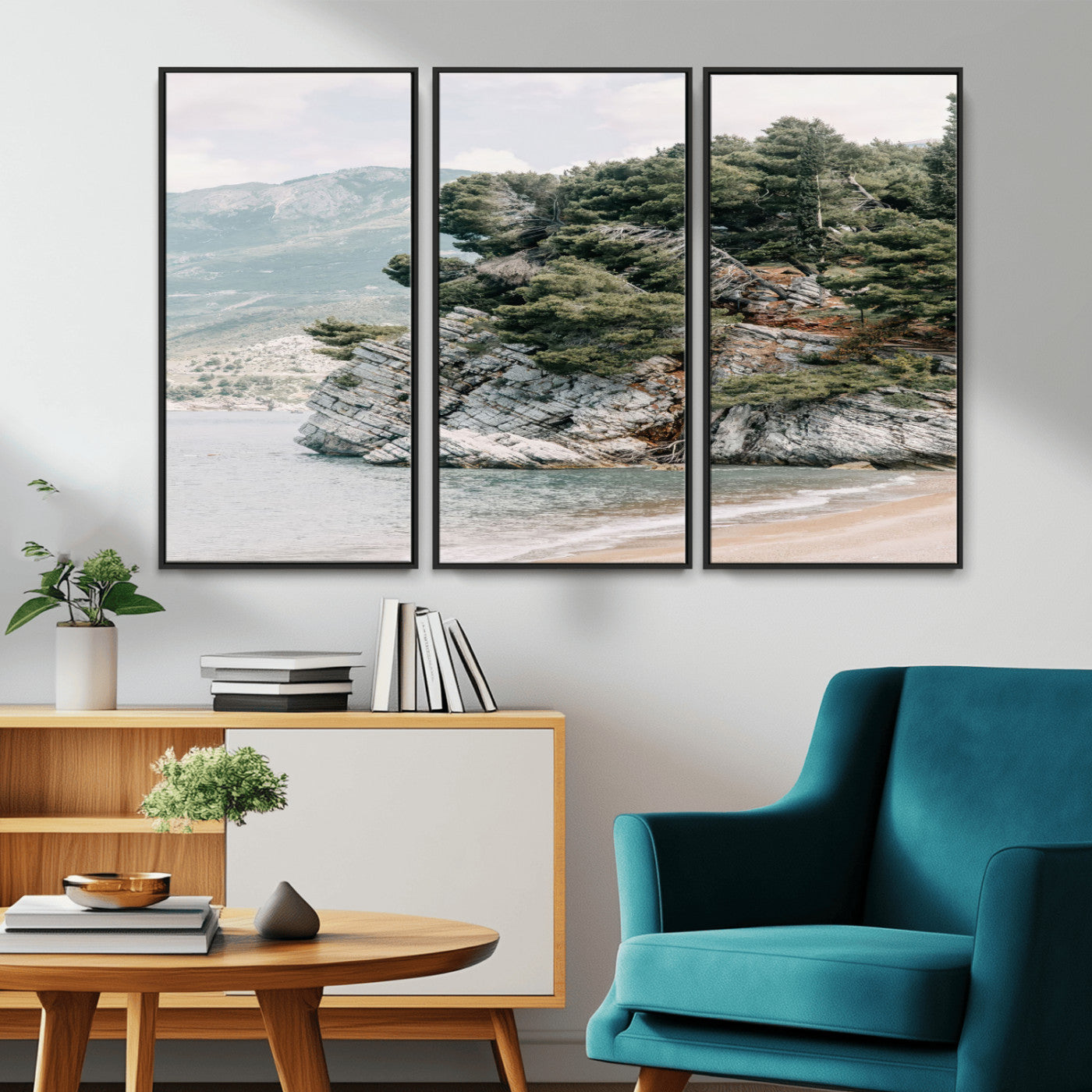 MGV-FC-48X32-3P - Coastal Rock Canvas Wall Art Print, Scenic Beach Landscape, Pine Trees on Rocky Cliff, Large Nature