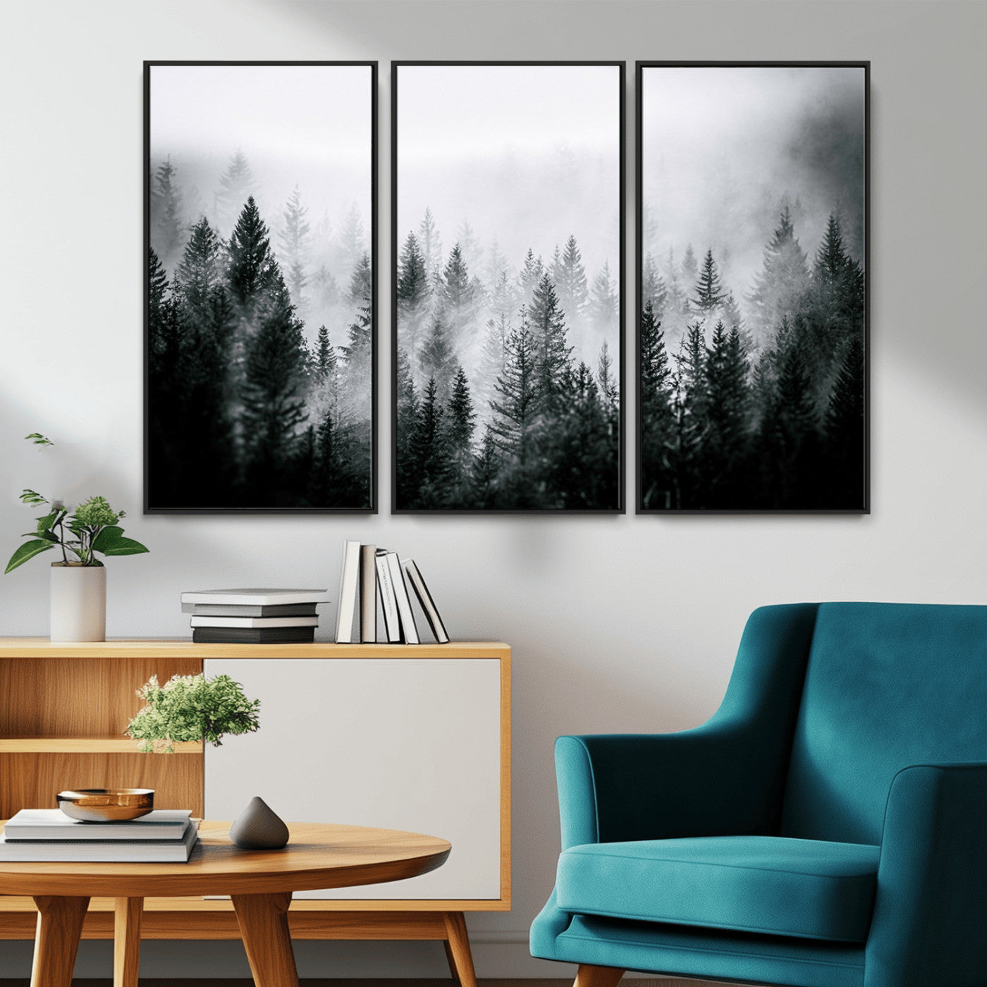 MGV-FC-48X32-3P - Foggy Pine Forest Canvas Wall Art – Black and White Nature Landscape Print, Horizontal Canvas for