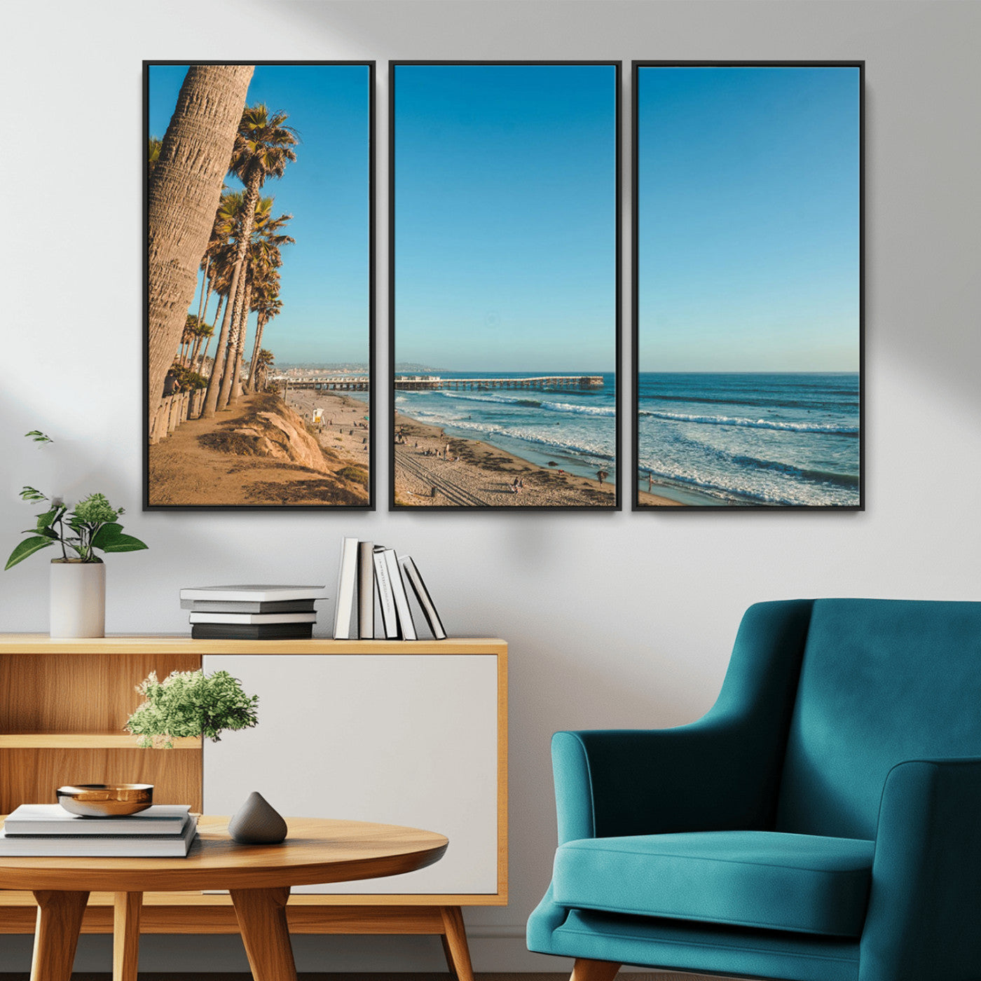 MGV-FC-48X32-3P - Scenic Beach with Tall Palm Trees, Sandy Shore, and Long Pier Stretching into the Calm Ocean Under