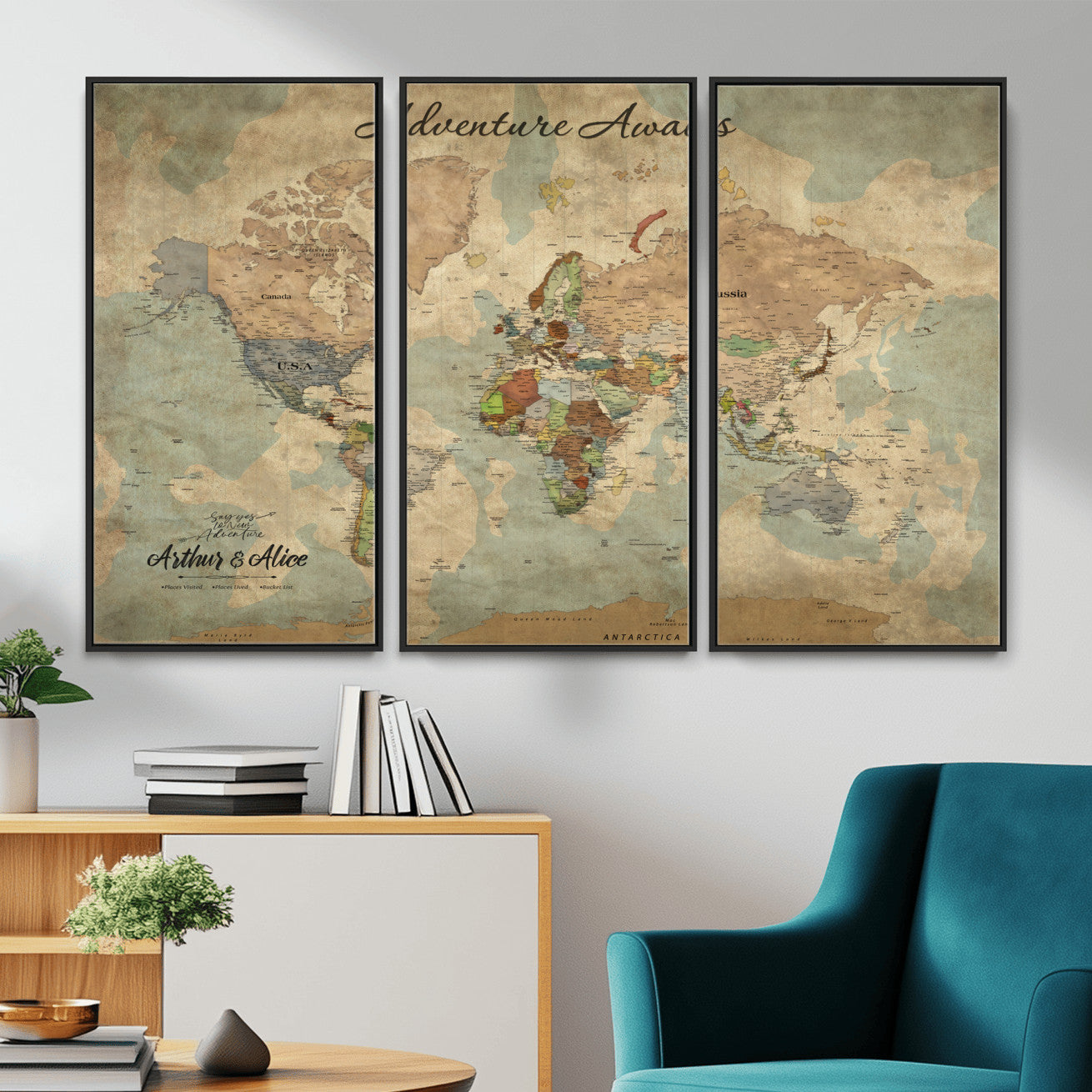 MGV-FC-48X32-3P - Personalized World Map Wall Art Canvas Print – Custom Push Pin Travel Map for Couples, Families, or Office Décor