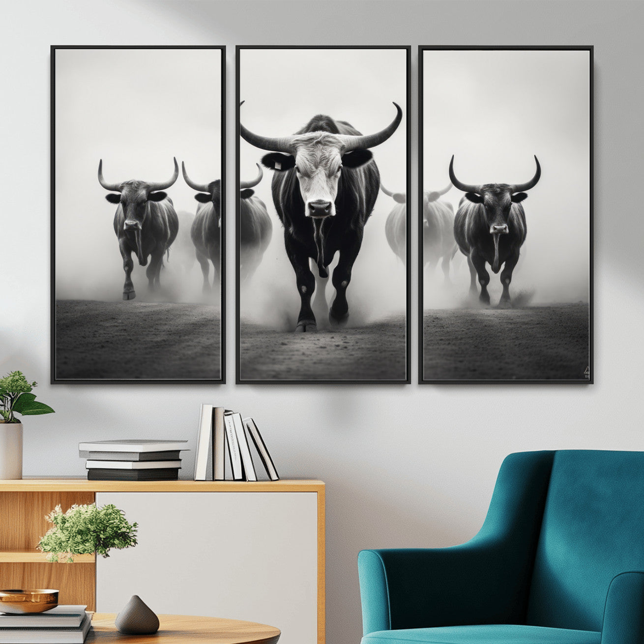 N34534C-MGV-FC-48X32-3P - Texas Bighorn Cow Hern Wall Art Canvas Print, Longhorn Cow Large Wall Art