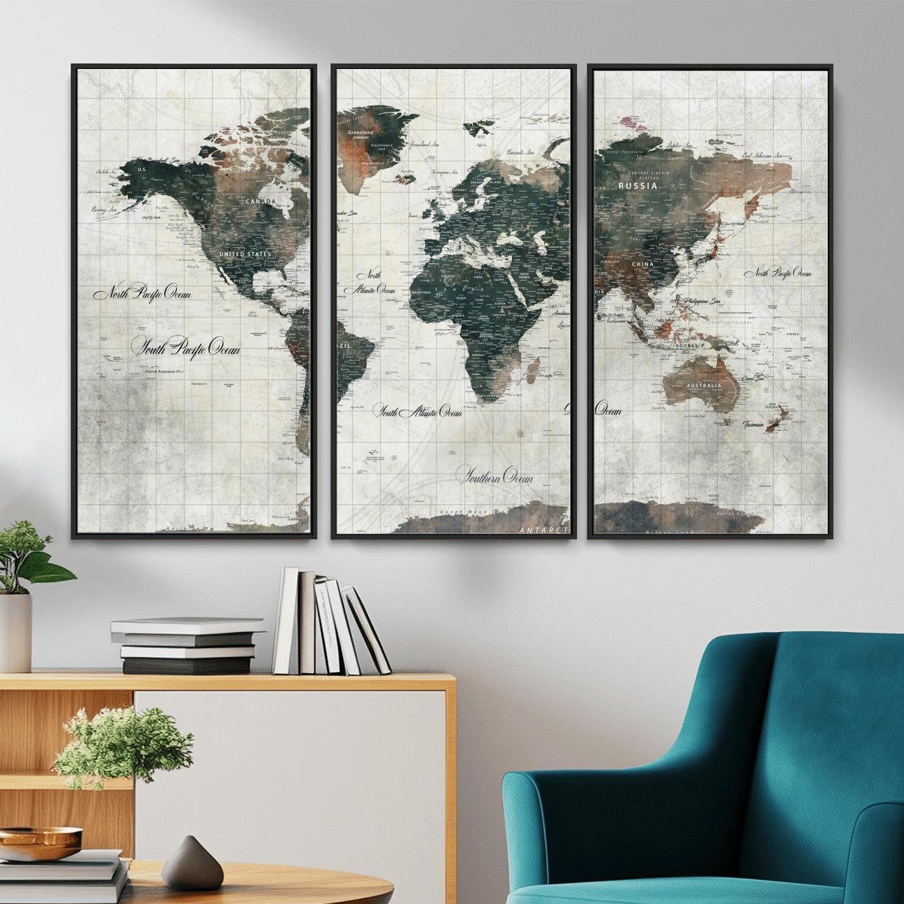90149079-MGV-FC-48X32-3P - World Map Wall Art Canvas Print, Modern Decorative Framed Map Artwork Prints for Living Room, Office, Bedroom Wall Decor