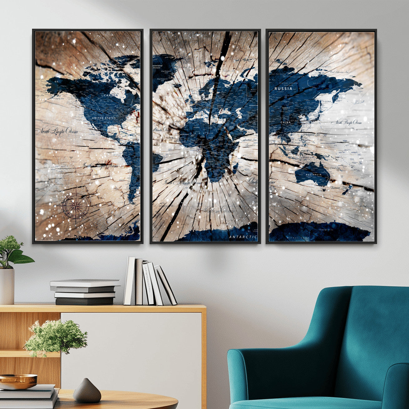 99001695-MGV-FC-48X32-3P - World Map Wall Art Canvas Print, Modern Decorative Framed Map Artwork Prints for Living Room, Office, Bedroom Wall Decor
