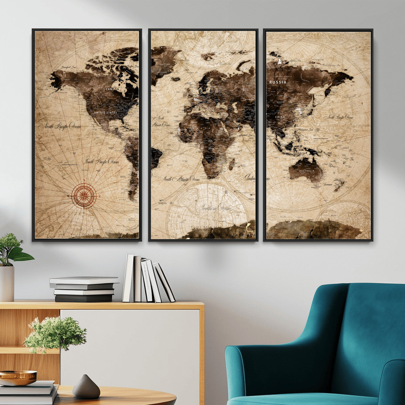 97114757-MGV-FC-48X32-3P - World Map Wall Art Canvas Print, Modern Decorative Framed Map Artwork Prints for Living Room, Office, Bedroom Wall Decor
