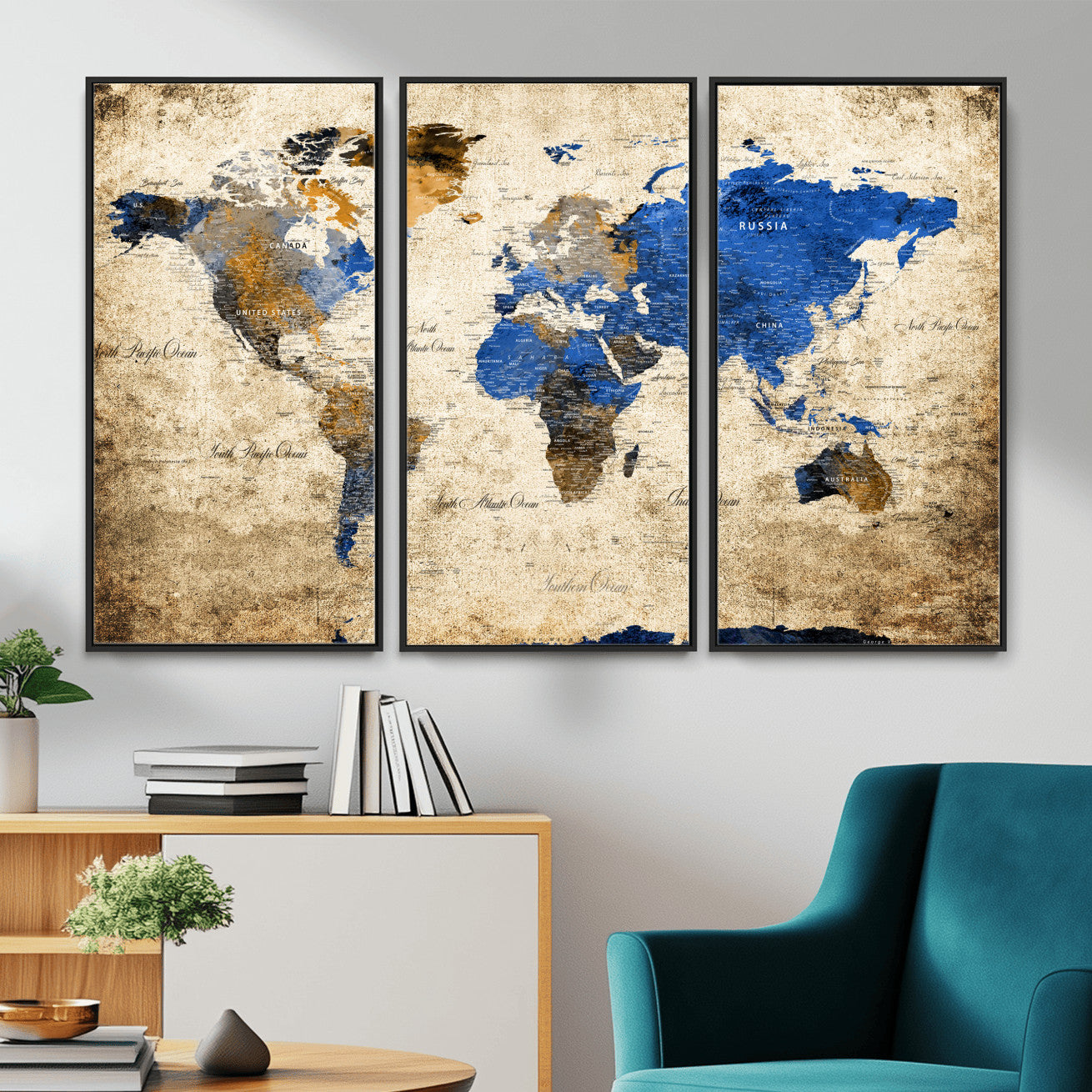 13564339-MGV-FC-48X32-3P - World Map Wall Art Canvas Print, Modern Decorative Framed Map Artwork Prints for Living Room, Office, Bedroom Wall Decor