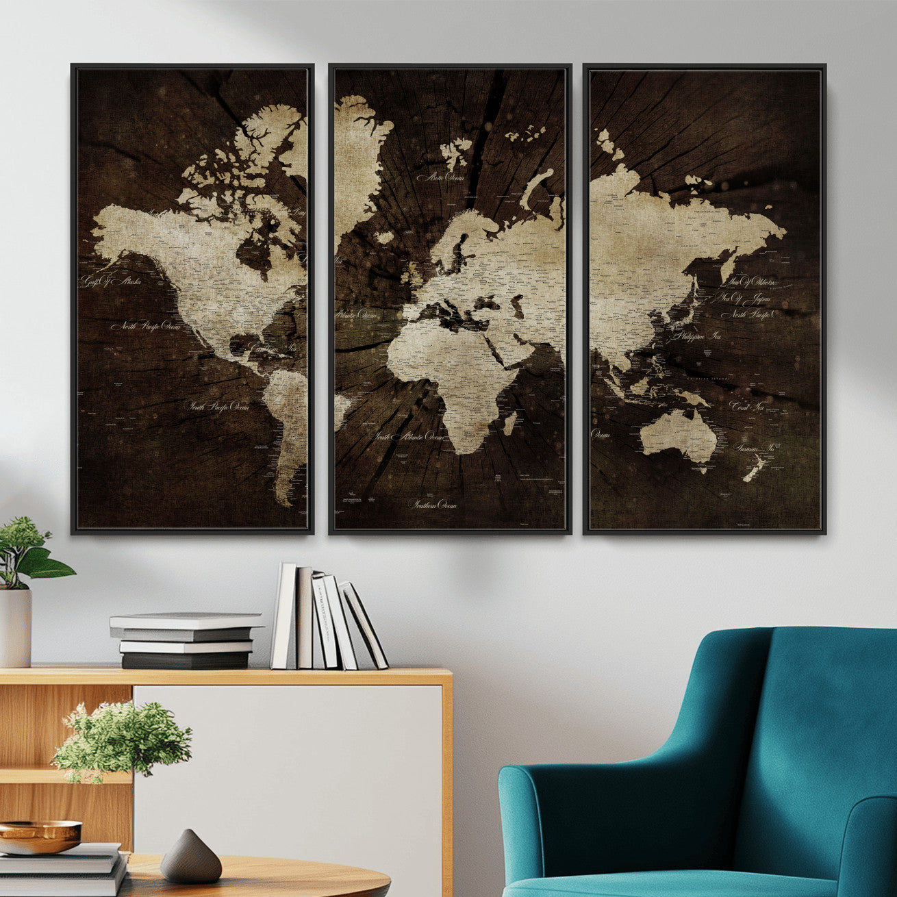 24010397-MGV-FC-48X32-3P - World Map Wall Art Canvas Print, Modern Decorative Framed Map Artwork Prints for Living Room, Office, Bedroom Wall Decor