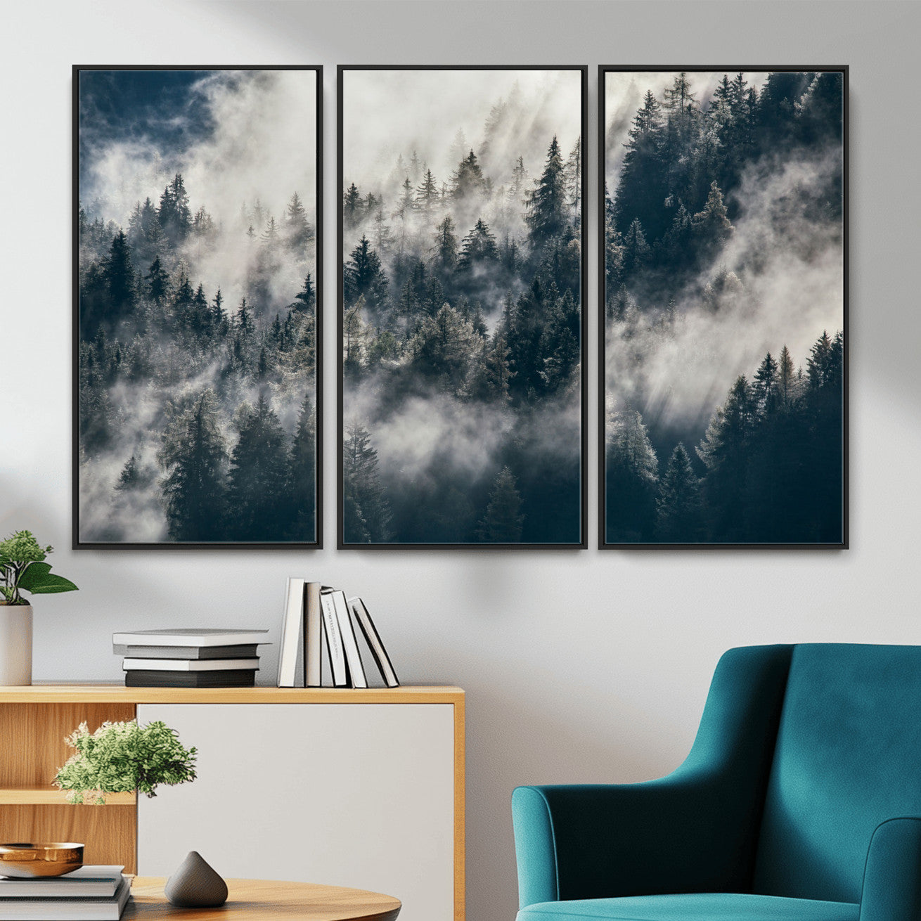 270372951-MGV-FC-48X32-3P - Misty Pine Forest Canvas Wall Art – Dark Forest Mountaing and Nature Landscape Print, Horizontal Canvas Print