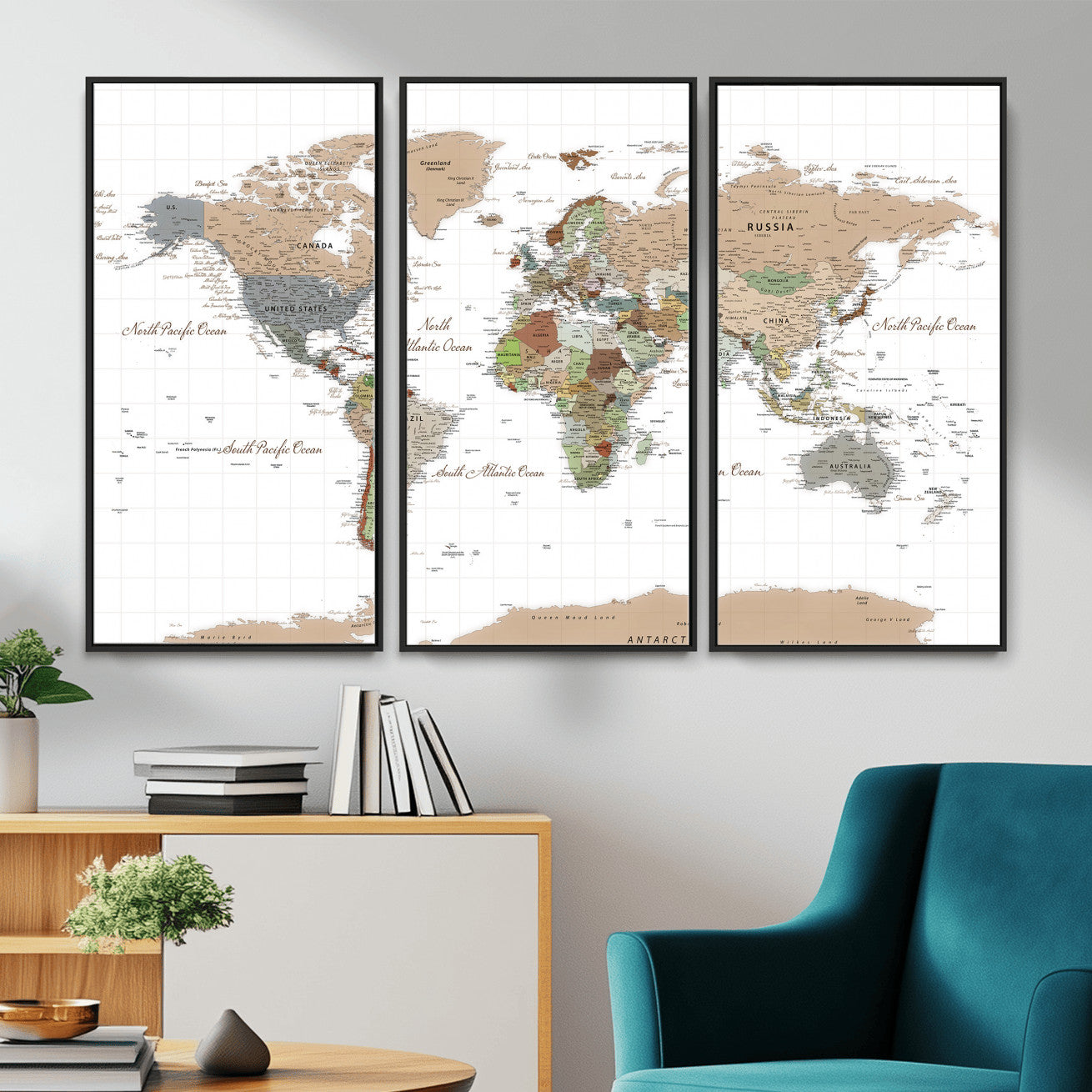 91286788-MGV-CV-36X24 - World Map Wall Art Canvas Print, Modern Decorative Framed Map Artwork Prints for Living Room, Office, Bedroom Wall Decor