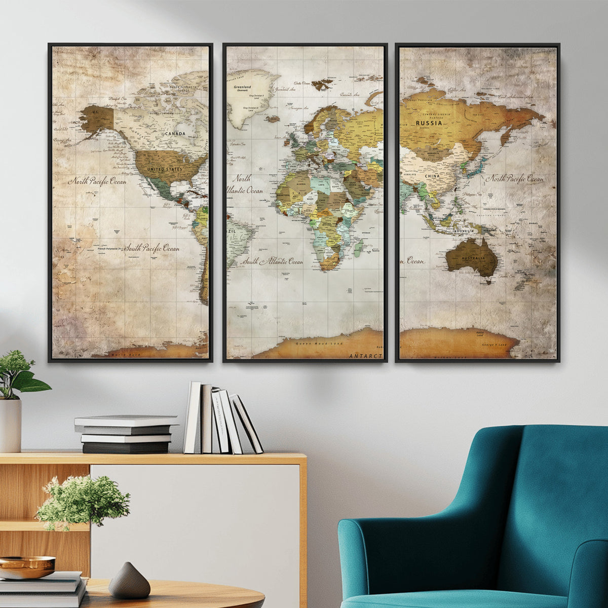 86108417-MGV-CV-36X24 - World Map Wall Art Canvas Print, Modern Decorative Framed Map Artwork Prints for Living Room, Office, Bedroom Wall Decor