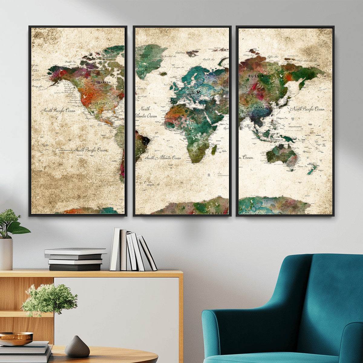 87544591-MGV-CV-36X24 - World Map Wall Art Canvas Print, Modern Decorative Framed Map Artwork Prints for Living Room, Office, Bedroom Wall Decor