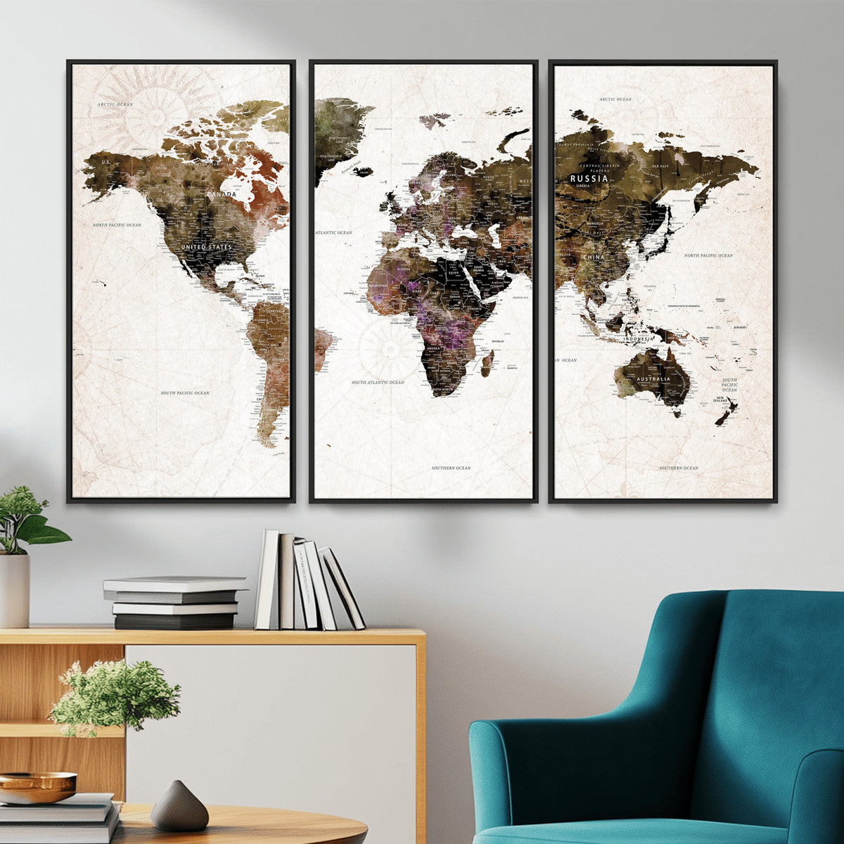 77651968-MGV-CV-36X24 - Watercolor World Map Print - Large Wall Art Canvas Print for