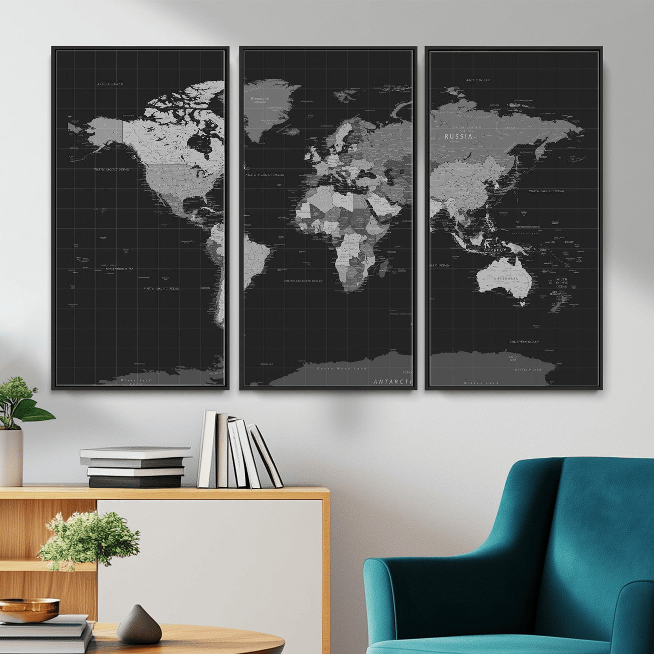 46160121-MGV-CV-36X24 - World Map Wall Art Canvas Print, Modern Decorative Framed Map Artwork Prints for Living Room, Office, Bedroom Wall Decor