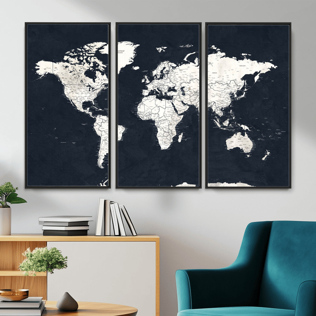 11963807-MGV-CV-36X24 - Black World Map Wall Art Canvas Print for Home Office and Meeting Room Decor