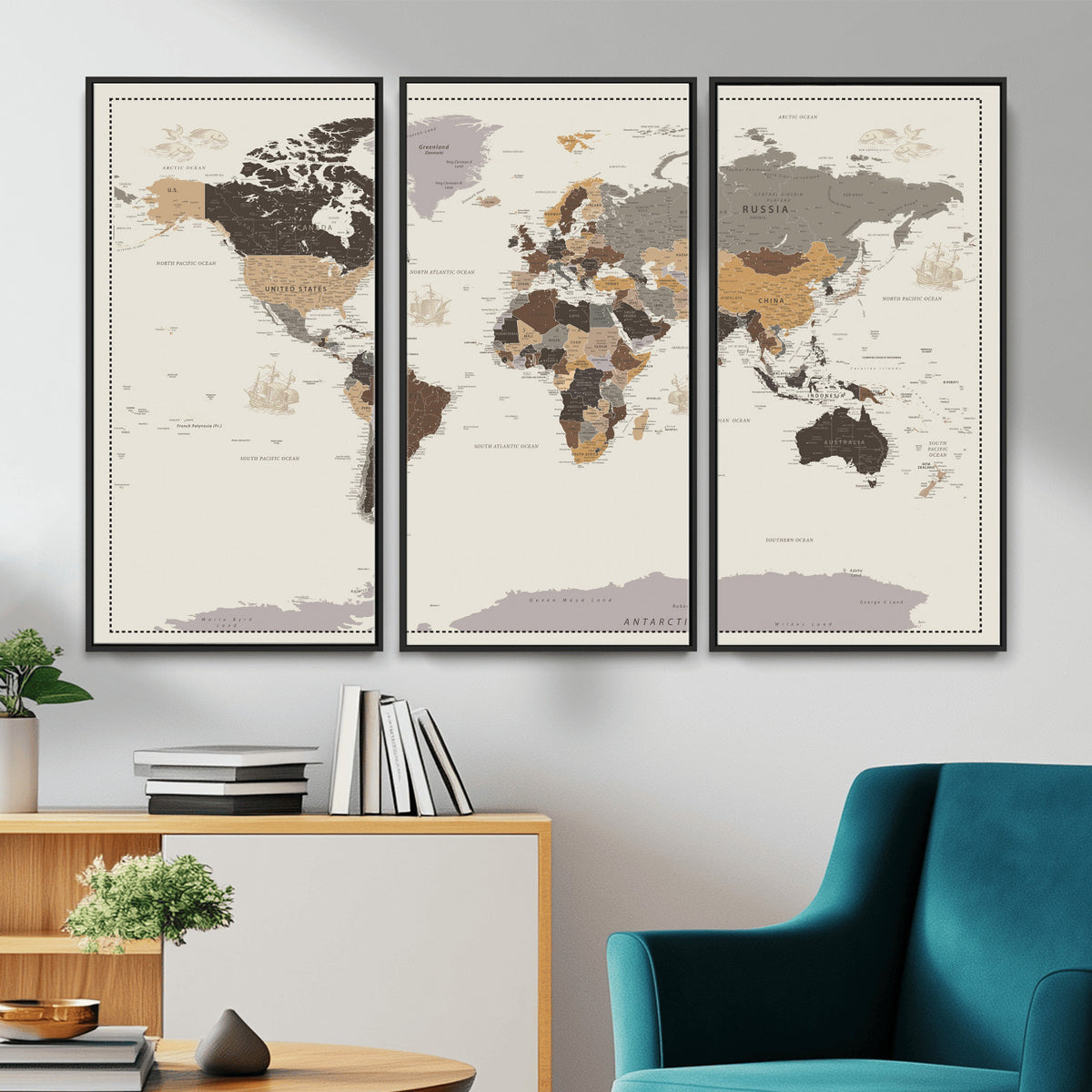 58777746-MGV-CV-36X24 - Custom Beige Modern Push Pin World Map Canvas Print, Places Visited Tracker, Bedroom and Study Decor