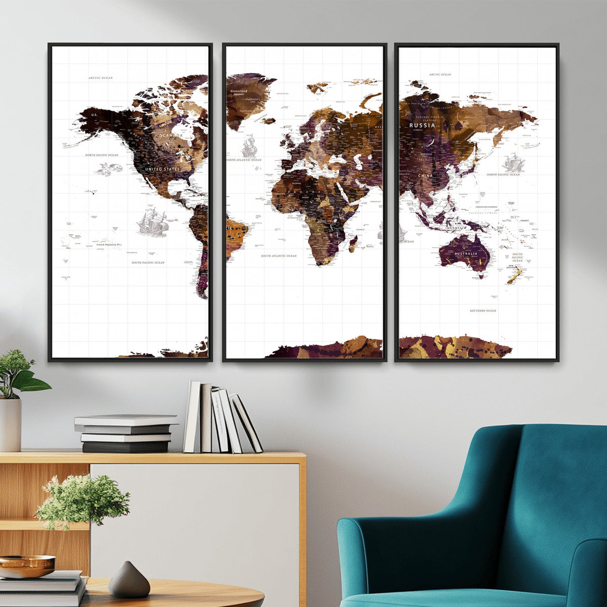 34792695-MGV-CV-36X24 - Rustic World Map Wall Art Canvas Print | Large Vintage Blue World Map on Wood Grain Style Background