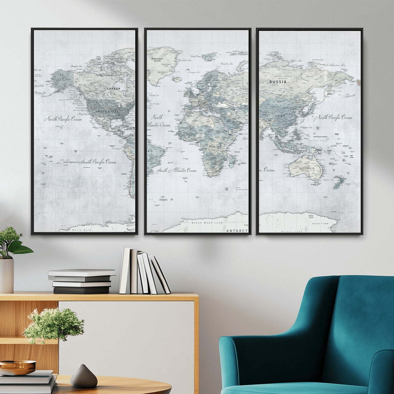 71091917-MGV-CV-36X24 - World Map Wall Art Canvas Print, Modern Decorative Framed Map Artwork Prints for Living Room, Office, Bedroom Wall Decor