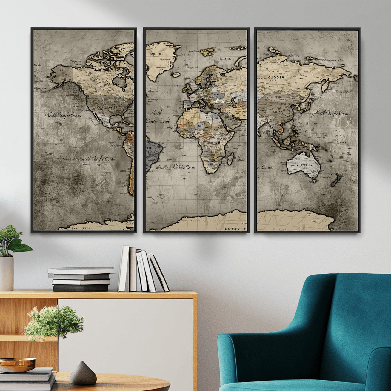 85218700-MGV-CV-36X24 - World Map Wall Art Canvas Print, Modern Decorative Framed Map Artwork Prints for Living Room, Office, Bedroom Wall Decor