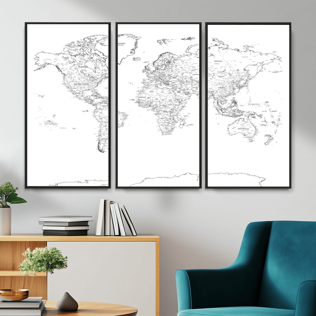 21002736-MGV-CV-36X24 - World Map Canvas Print, Framed Modern Detailed Map of the World for Home or Office