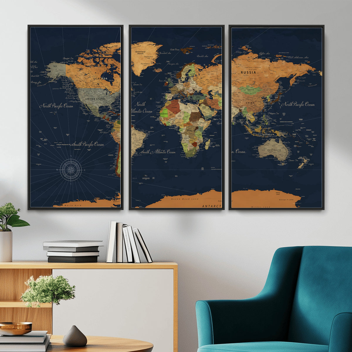 11715182-MGV-CV-36X24 - Modern World Map Canvas Print, Framed Detailed Map of the World Wall Art