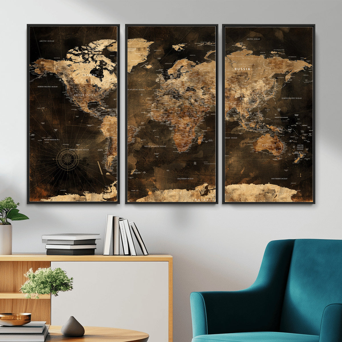 97742922-MGV-CV-36X24 - World Map Canvas Print, Modern Decorative Framed Map Artwork