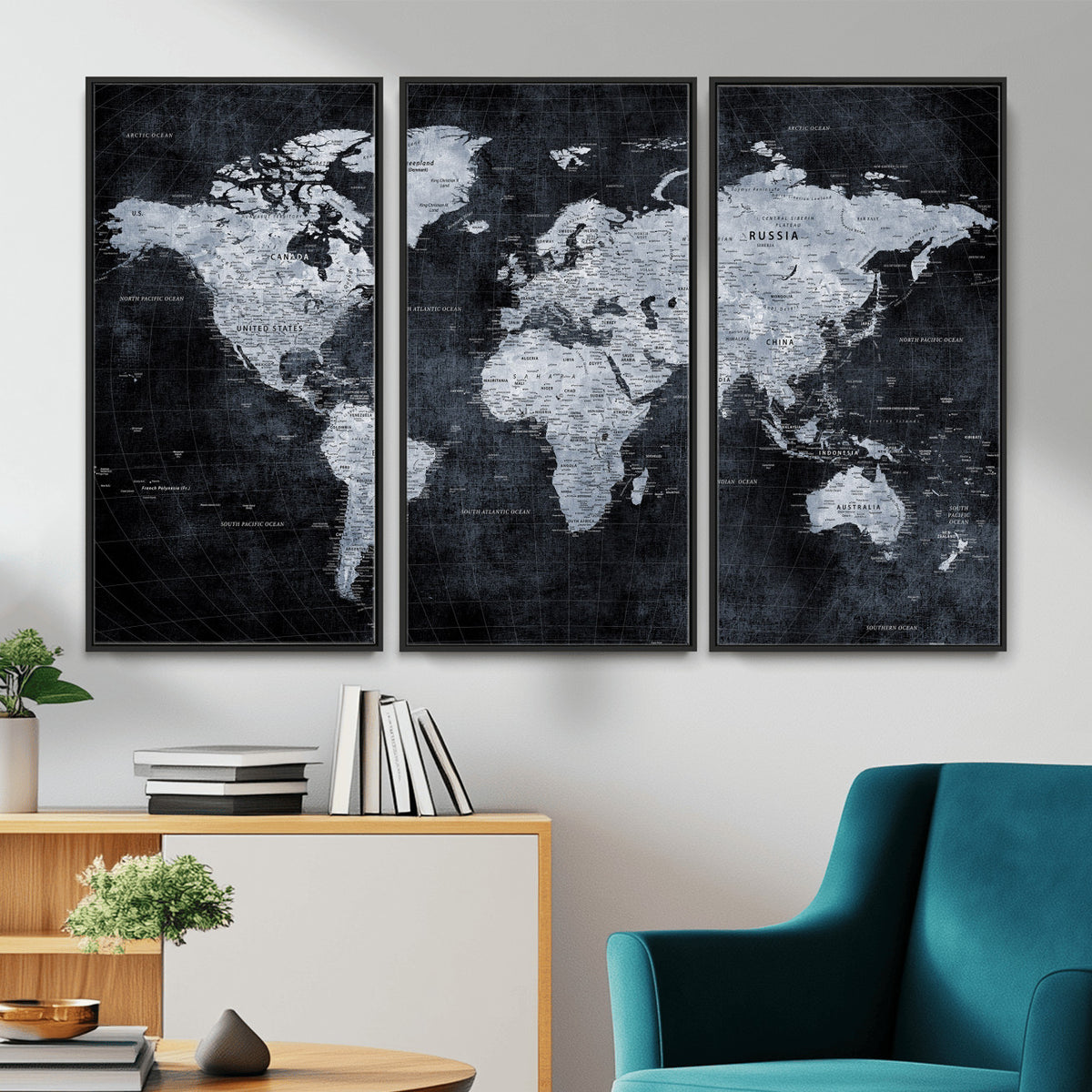 86893704-MGV-CV-36X24 - Black World Map Canvas Print | Detailed Map for Couples and Anniversary Gift