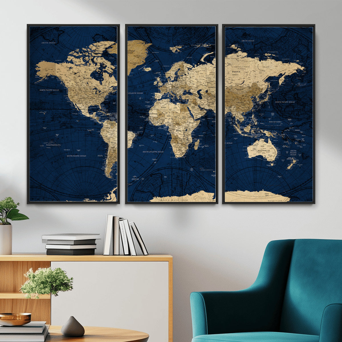 54770746-MGV-CV-36X24 - Navy Blue World Map Canvas Print – Detailed Map Minimal Navy