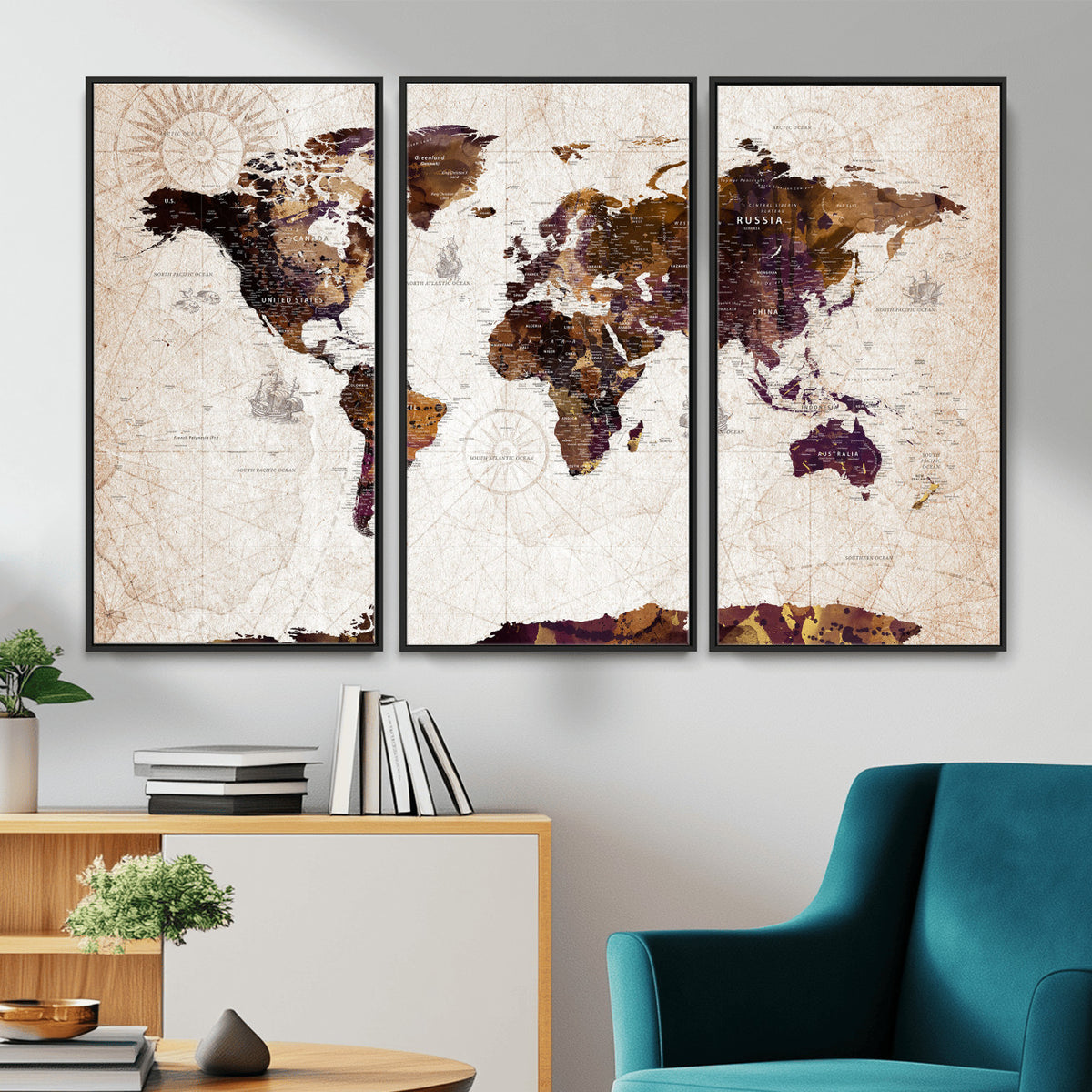 53400857-MGV-CV-36X24 - Blue Watercolor World Map Canvas Print – Framed Modern Wall