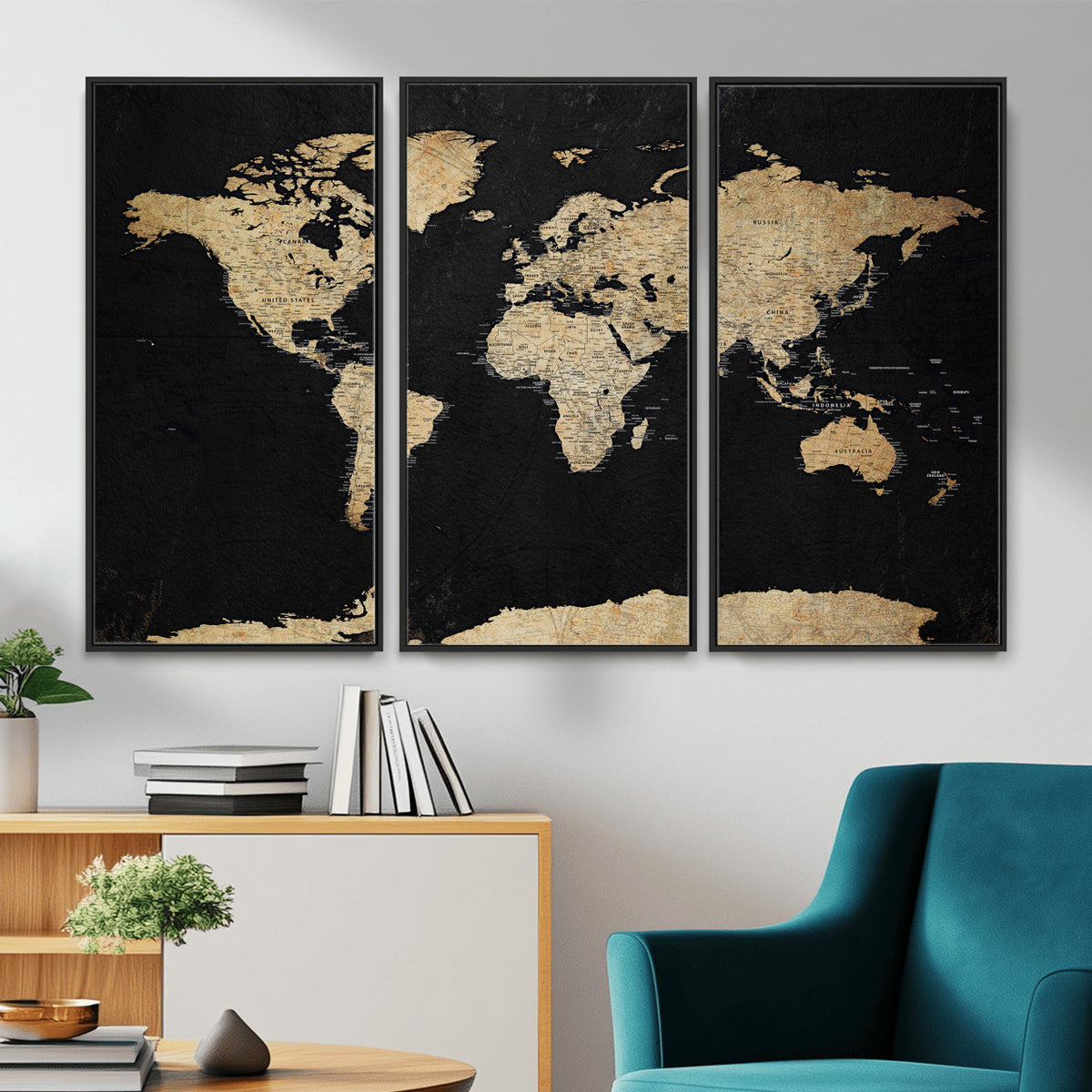71518849-MGV-CV-36X24 - Beige World Map Canvas Wall Art Print, Minimal Black and