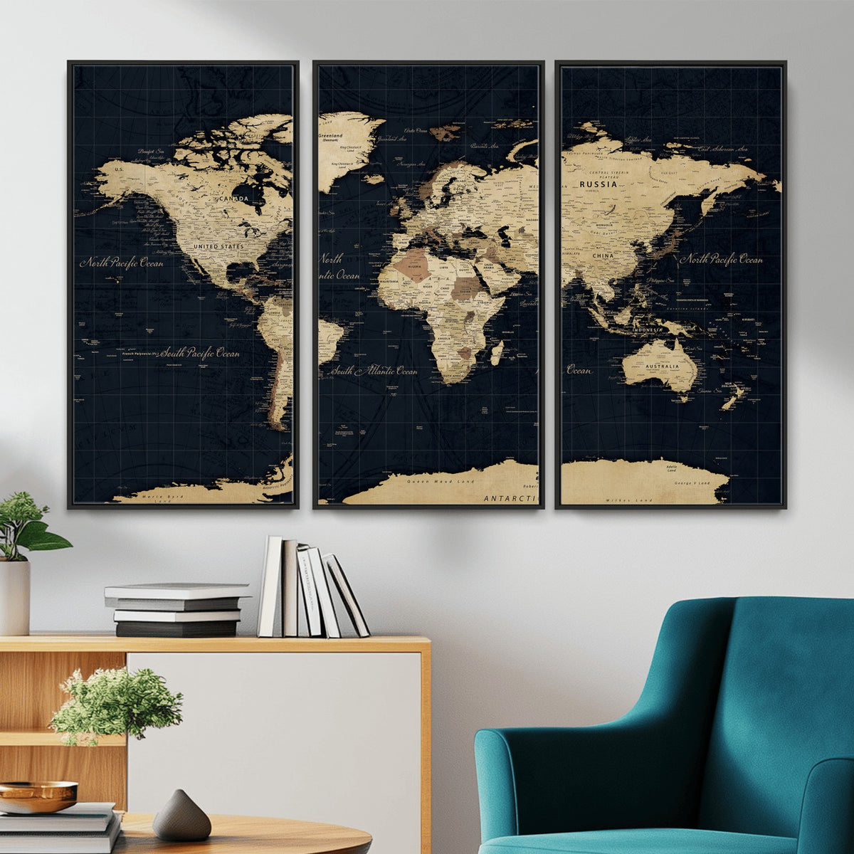 45063434-MGV-CV-36X24 - Dark World Map Canvas Wall Art Print, Minimal Black and Gold Map