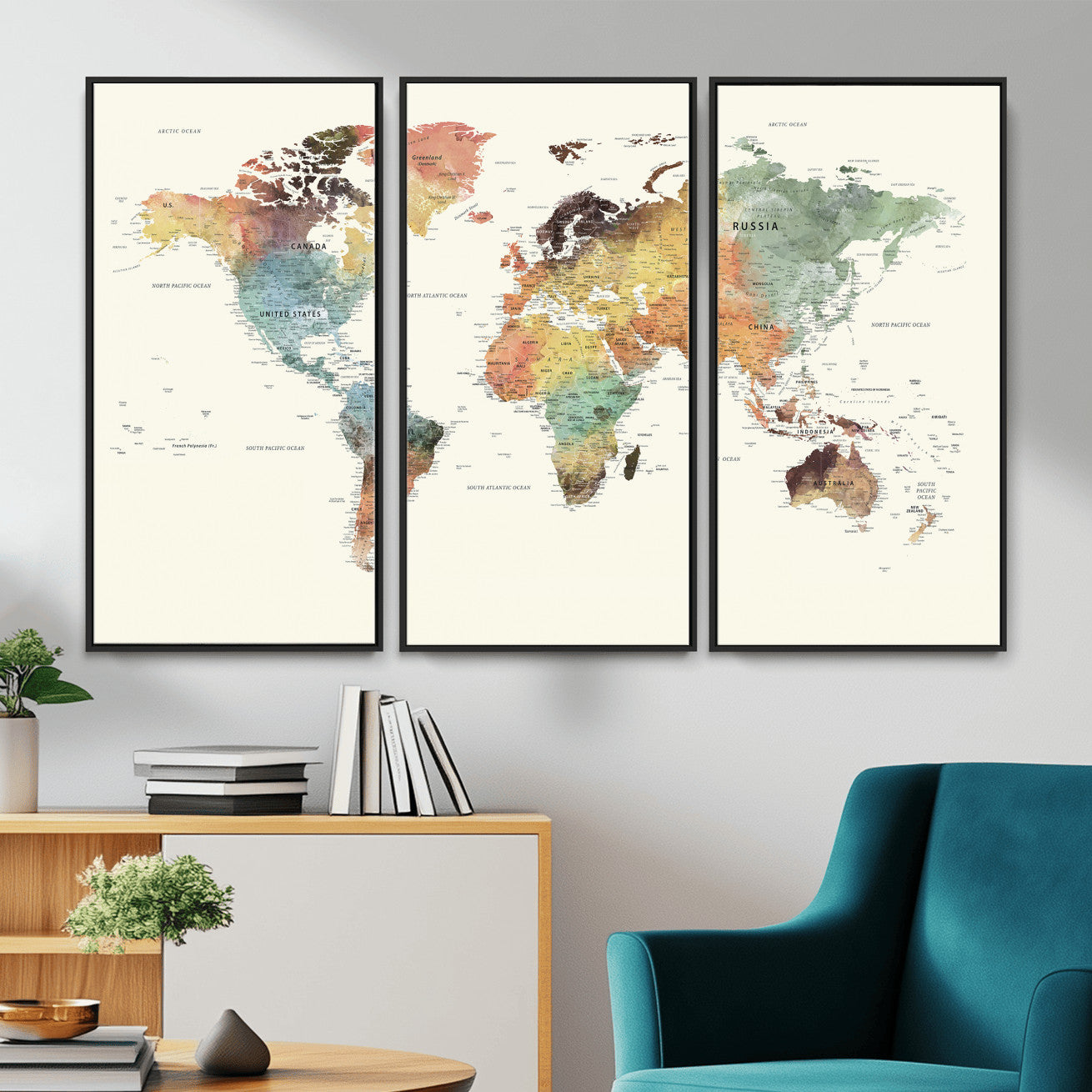 64206059-MGV-CV-36X24 - World Map Wall Art Canvas Print, Modern Decorative Framed Map Artwork Prints for Living Room, Office, Bedroom Wall Decor