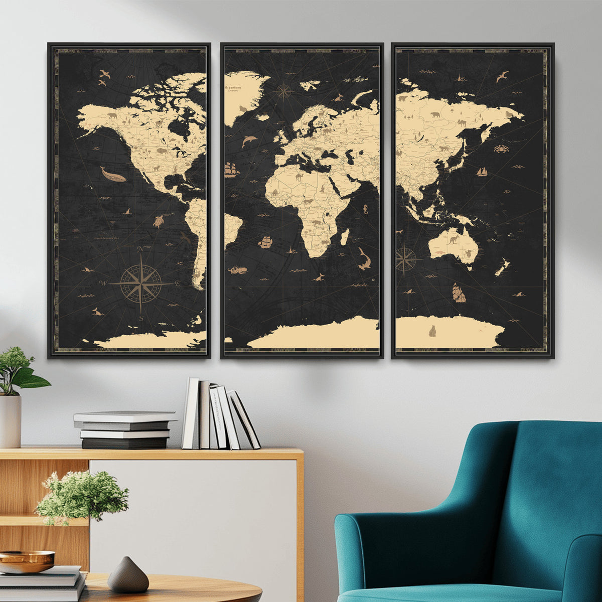 75220264-MGV-CV-36X24 - World Map Wall Art Canvas Print, Modern Decorative Framed Map Artwork Prints for Living Room, Office, Bedroom Wall Decor