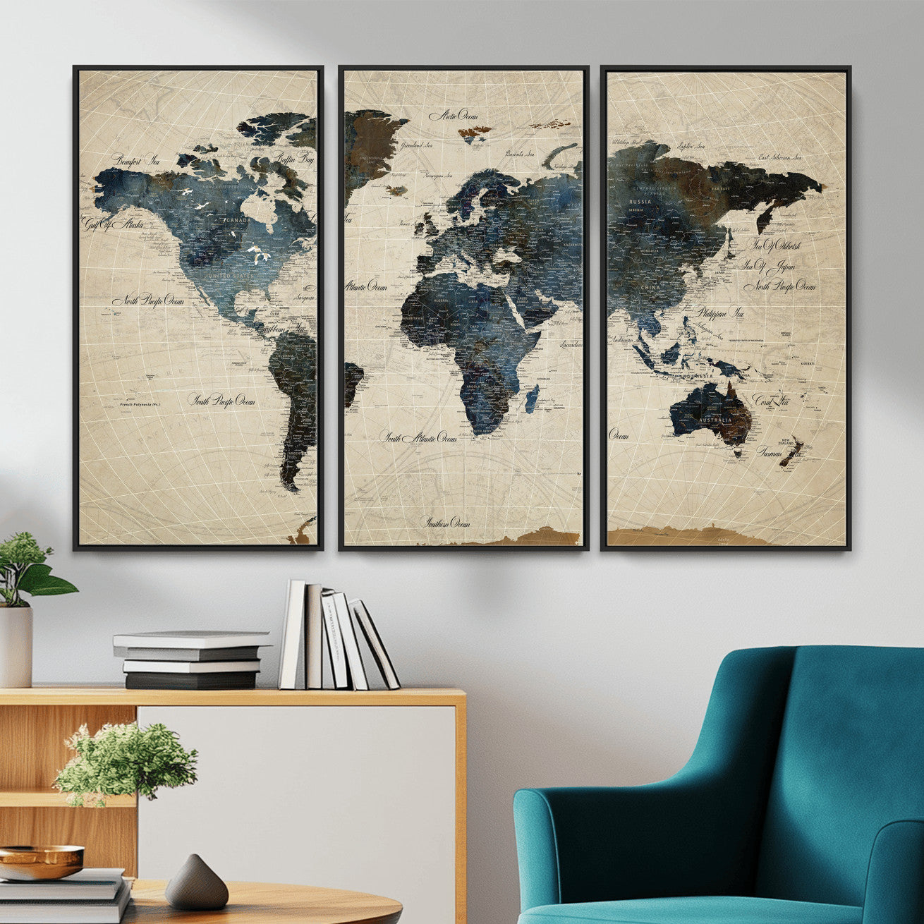 72927803-MGV-CV-36X24 - World Map Wall Art Canvas Print, Modern Decorative Framed Map Artwork Prints for Living Room, Office, Bedroom Wall Decor