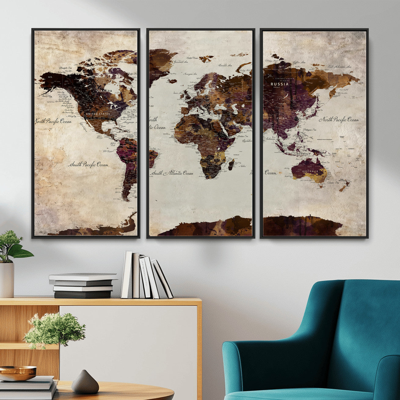 50611123-MGV-CV-36X24 - World Map Canvas Triptych – Colorful Global Wall Art for Living Rooms, Offices, and Study Spaces