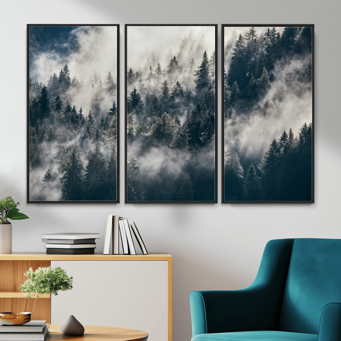 63405824-MGV-CV-36X24 - Foggy Mountain Forest Canvas Print, Misty Pine Trees Nature Wall Art, Framed Canvas Ready to Hang