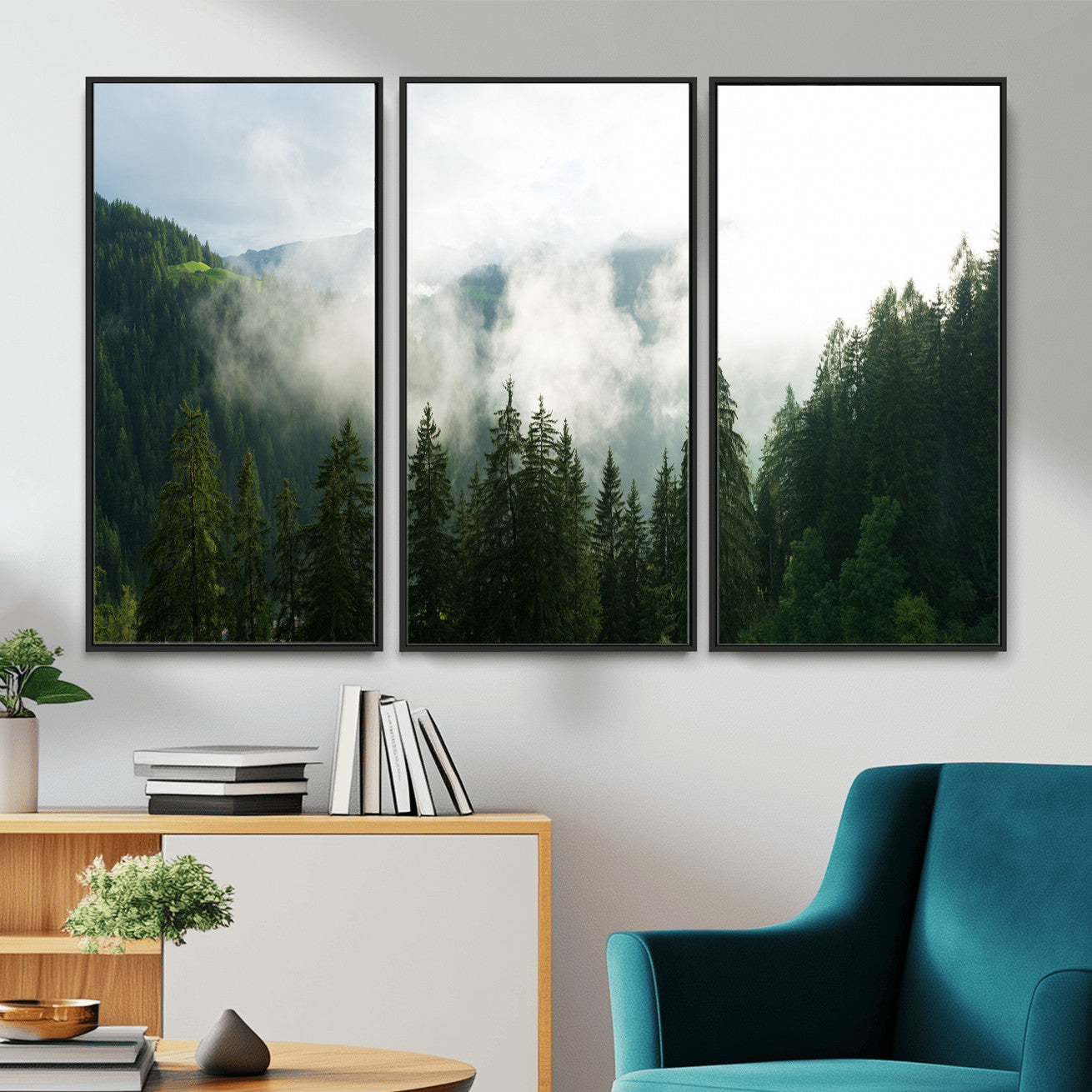 67174129-MGV-CV-36X24 - Misty Mountain Forest Canvas Print, Foggy Pine Trees Nature Wall Art, Framed Canvas Ready to Hang