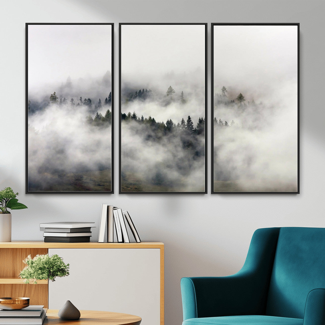63235457-MGV-CV-36X24 - Foggy Forest Wall Art Canvas Print, Misty Pine Tree Landscape Wall Art Print, Framed Wall Art Ready to Hang