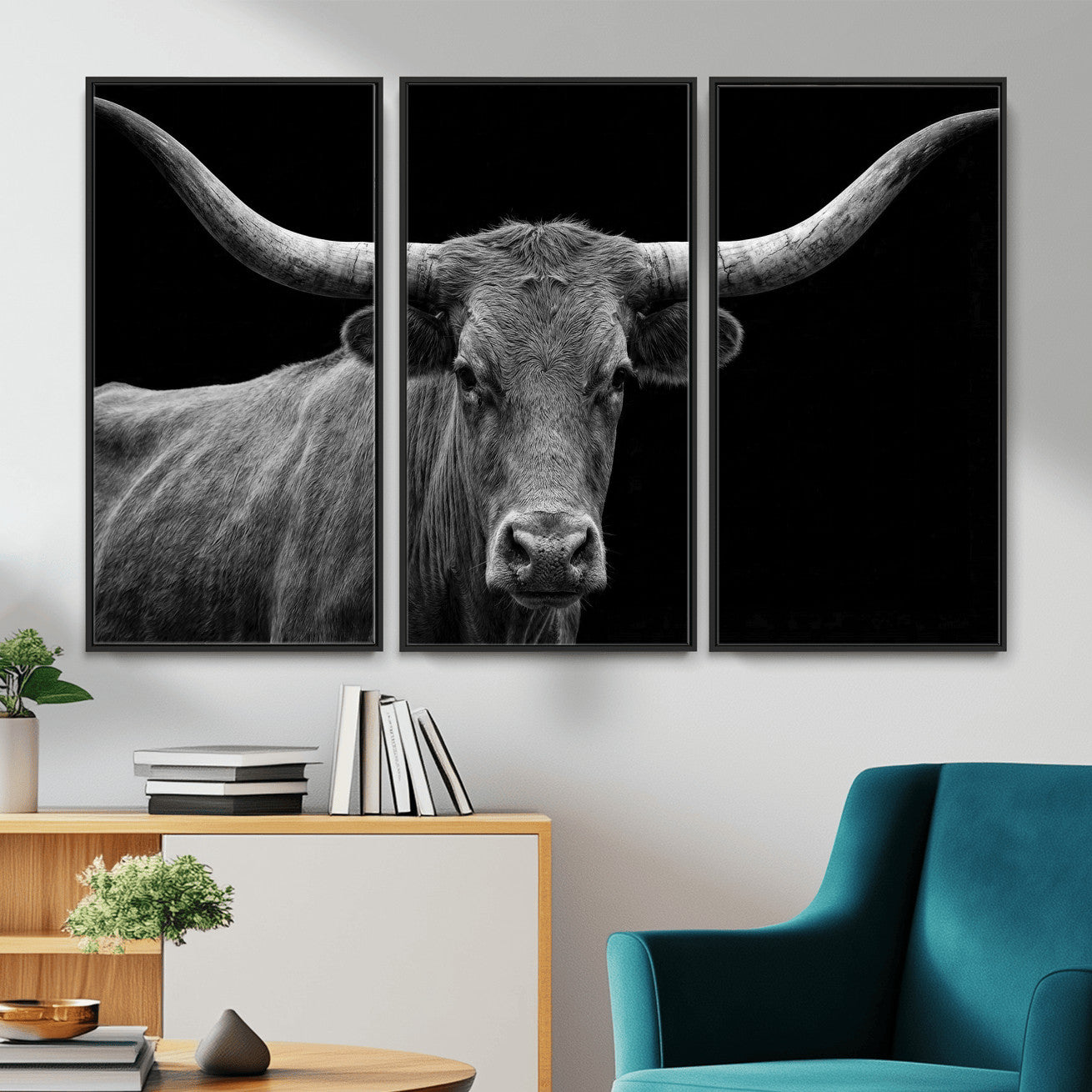 32601430-MGV-CV-36X24 - Texas Longhorn Bull Wall Art Canvas Print, Cow Portrait Photography, Framed Wall Art Ready to Hang