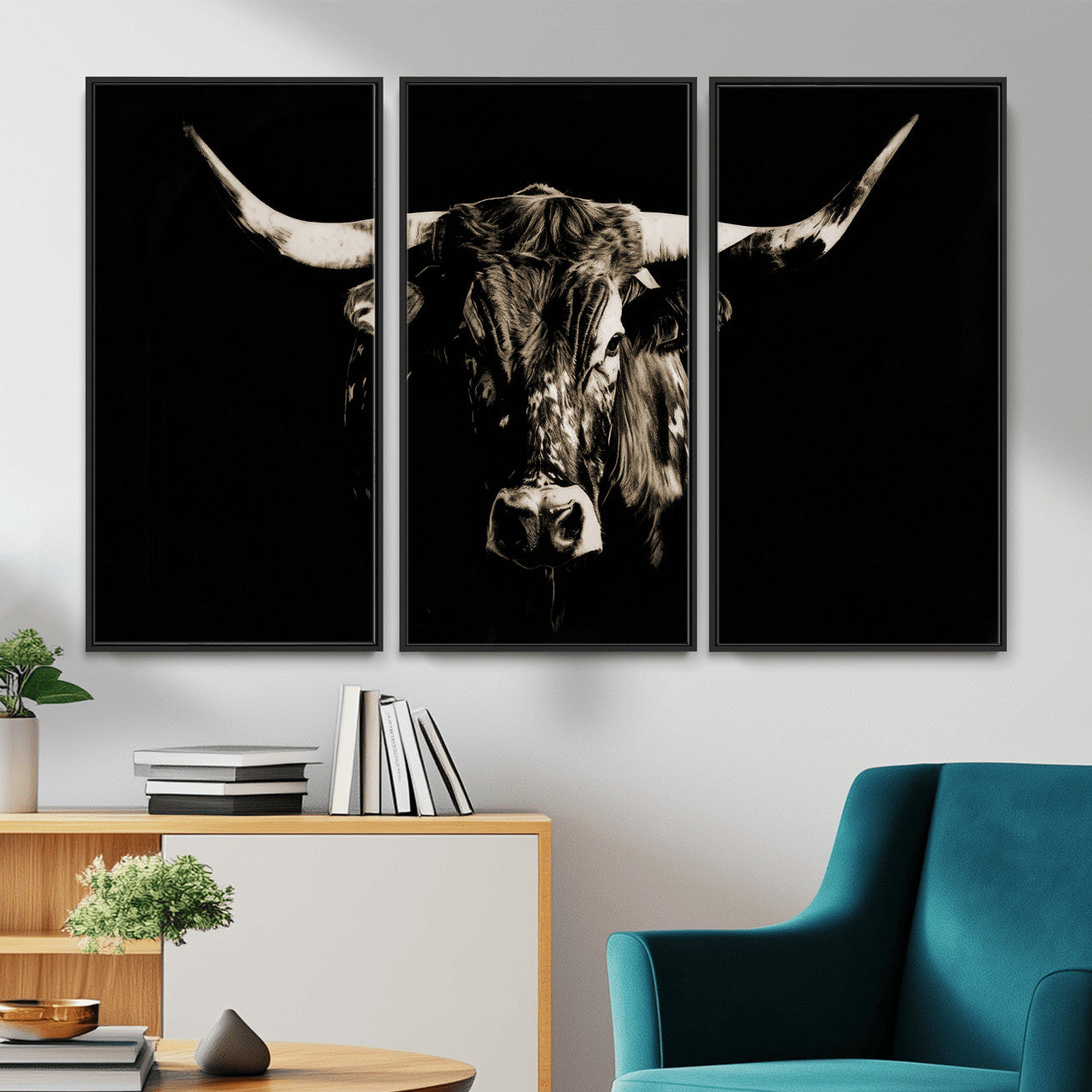 75774468-MGV-CV-36X24 - Black Bull Wall Art Canvas Print, Dark Longhorn Portrait Photography, Framed Wall Art Ready to Hang