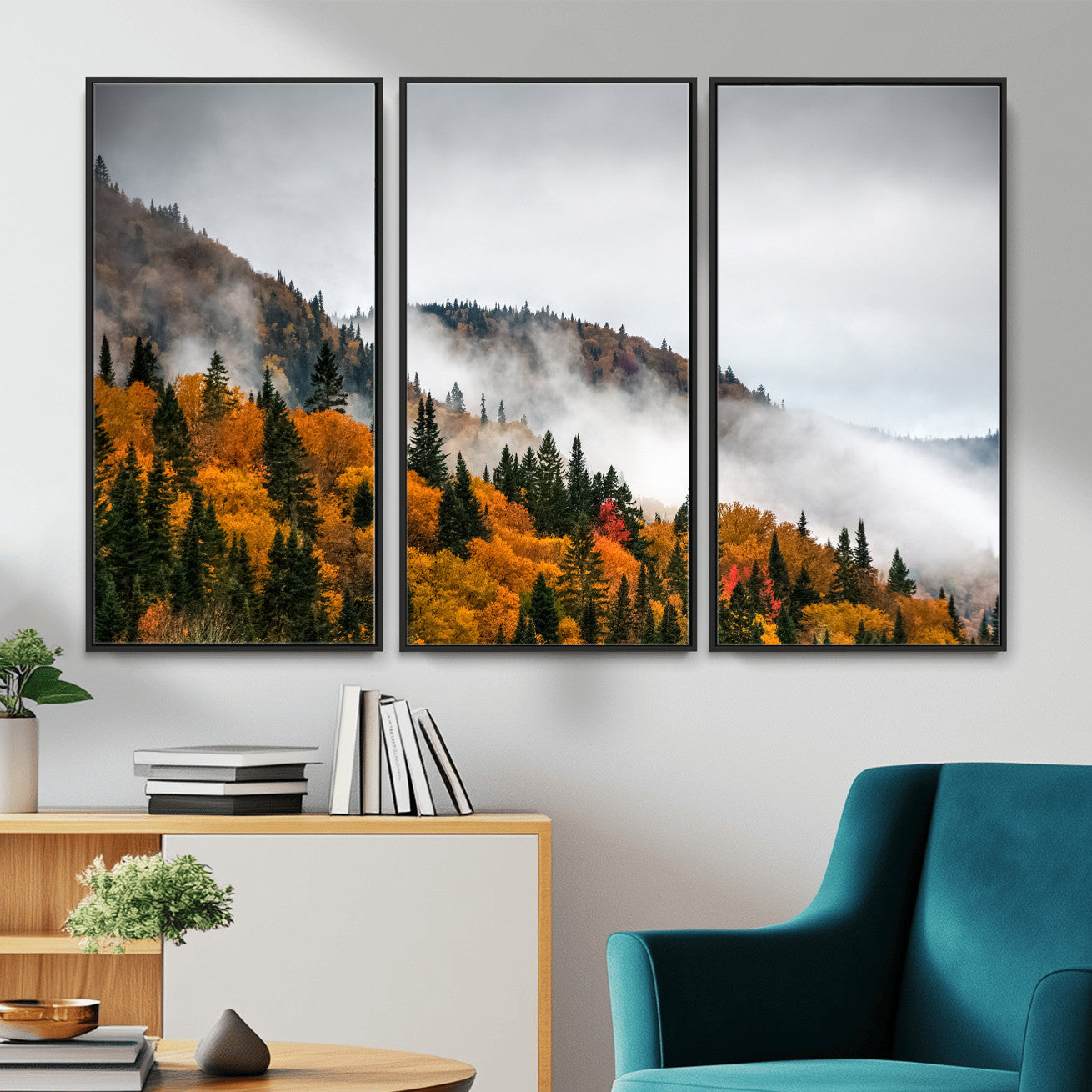 93581632-MGV-CV-36X24 - Autumn Forest Wall Art Canvas Print, Foggy Mountain Landscape Nature Photography, Framed Wall Art Ready to Hang