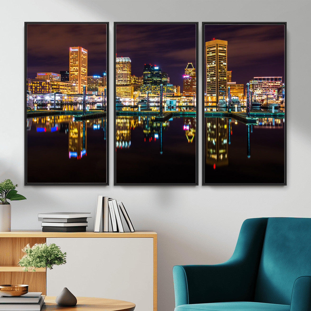 38201692-MGV-CV-36X24 - Baltimore Skyline Wall Art Canvas Print, Baltimore Downtown Night Cityscape Print for Modern Urban Wall Decor