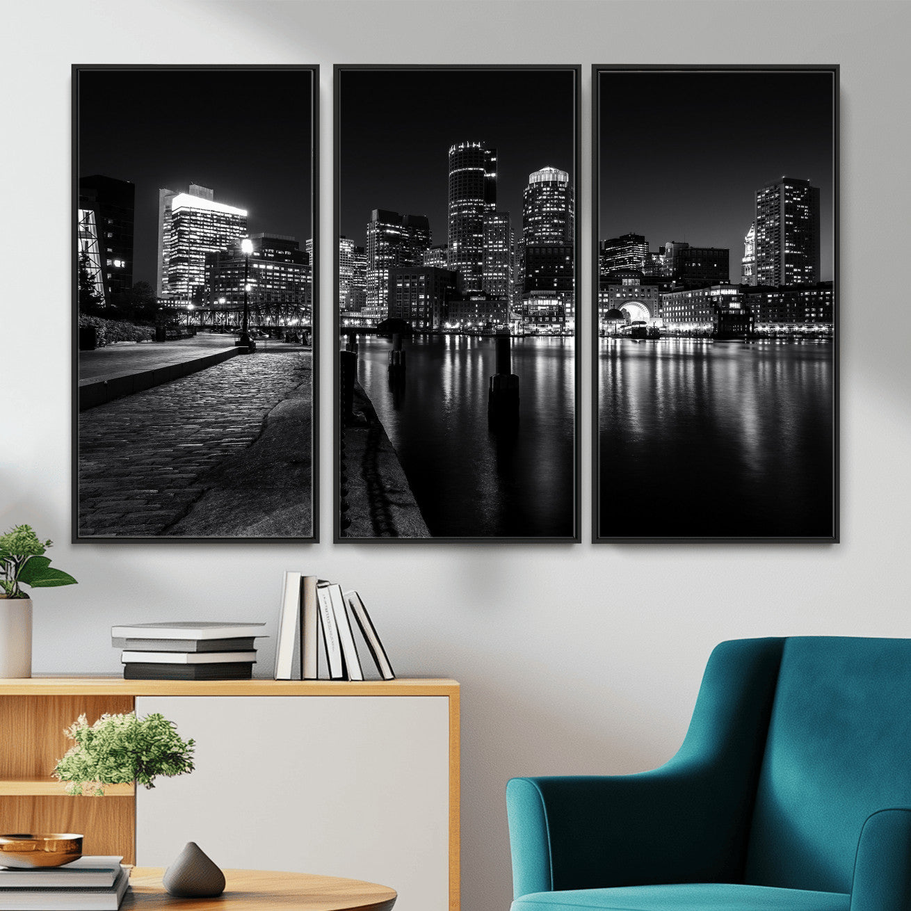 53082656-MGV-CV-36X24 - Boston Wall Art Canvas Print, Boston City Downtown Night Cityscape Print for Modern Urban Wall Decor