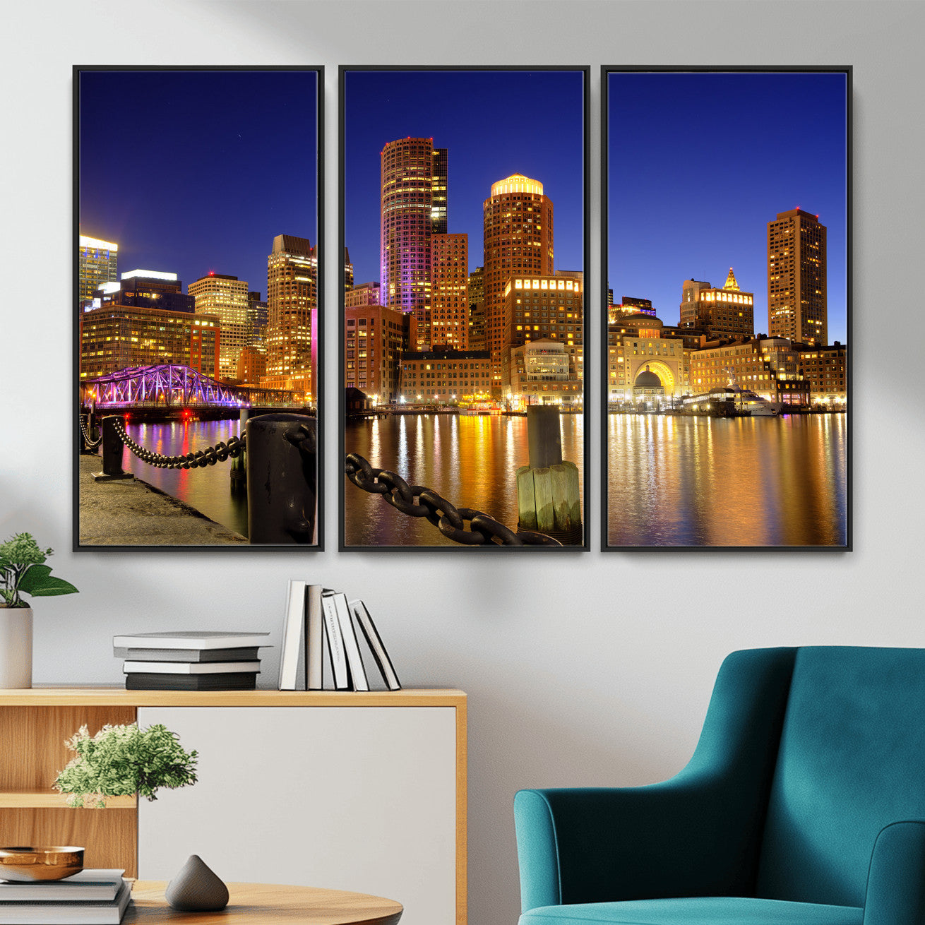 56611117-MGV-CV-36X24 - Boston Wall Art Canvas Print, Boston City Downtown Night Cityscape Print for Modern Urban Wall Decor