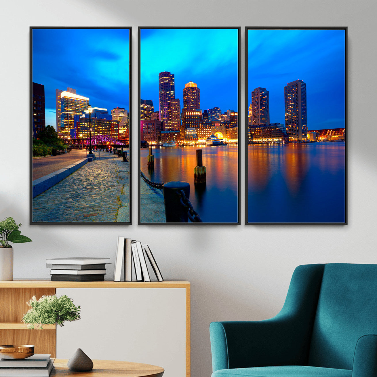 69619565-MGV-CV-36X24 - Boston Wall Art Canvas Print, Boston City Downtown Night Cityscape Print for Modern Urban Wall Decor