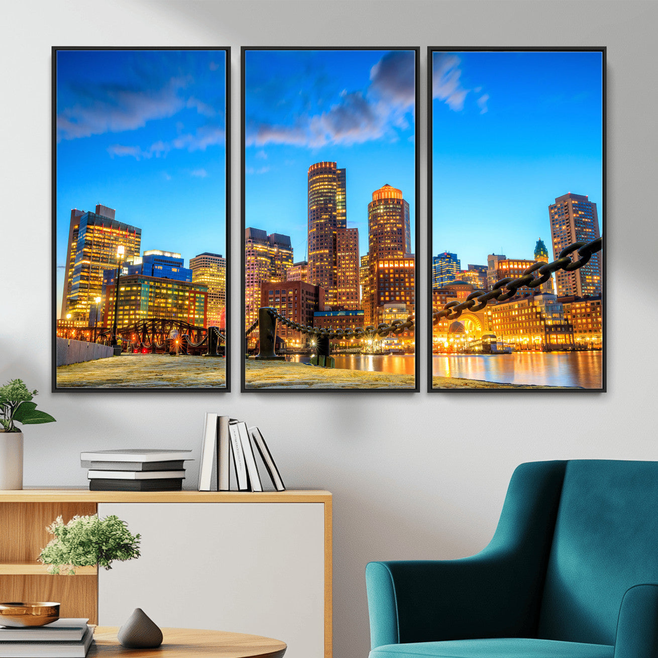 46736409-MGV-CV-36X24 - Boston Wall Art Canvas Print, Boston City Downtown Night Cityscape Print for Modern Urban Wall Decor