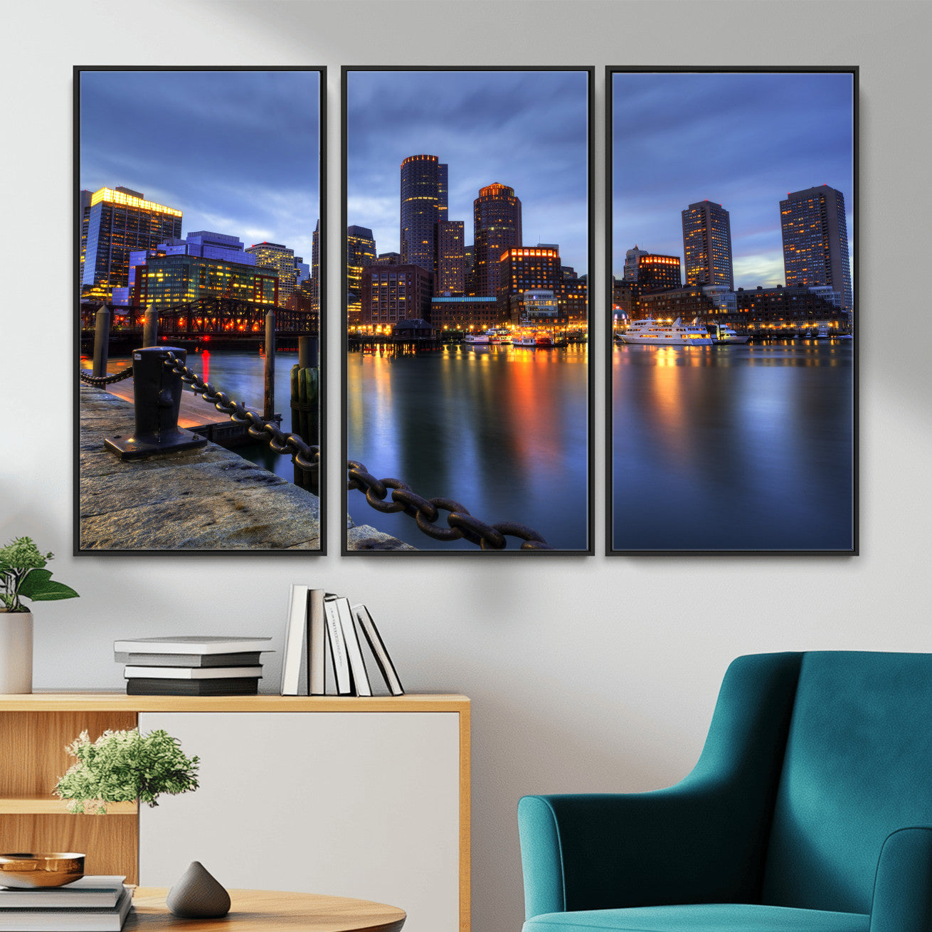 82439622-MGV-CV-36X24 - Boston Wall Art Canvas Print, Boston City Downtown Night Cityscape Print for Modern Urban Wall Decor
