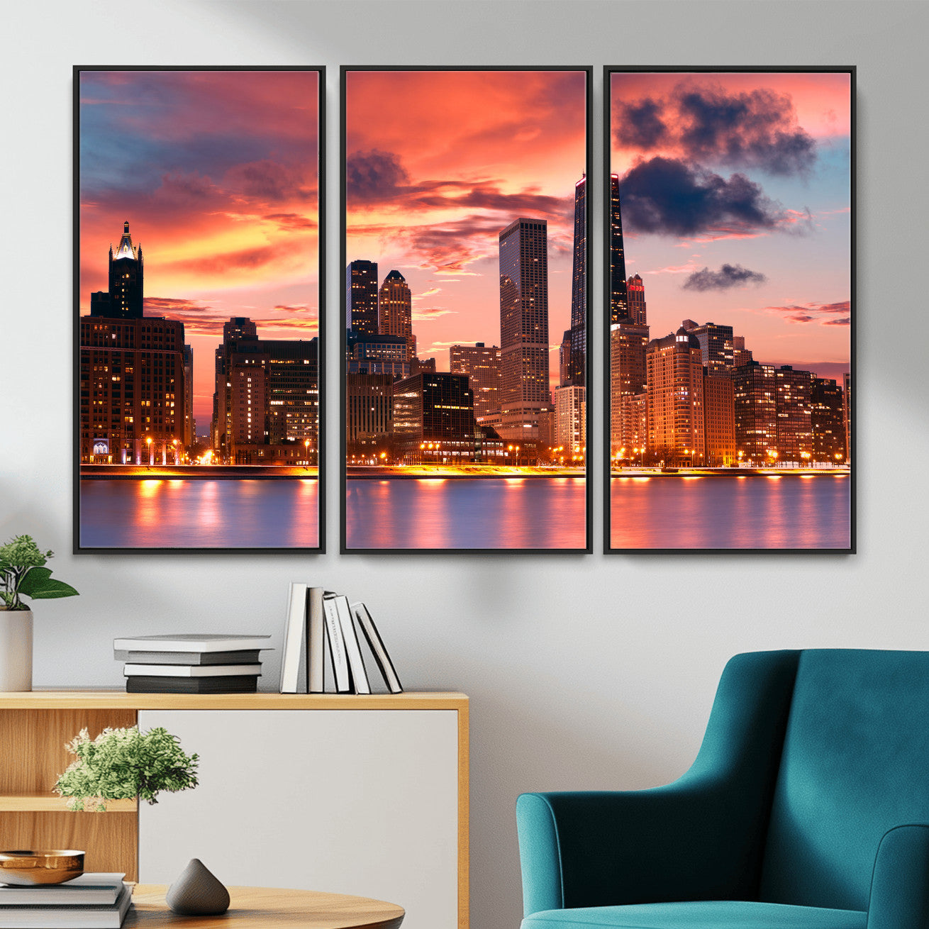 80390109-MGV-CV-36X24 - Chicago Wall Art Canvas Print, Chicago City Downtown Night Cityscape Print for Modern Urban Wall Decor