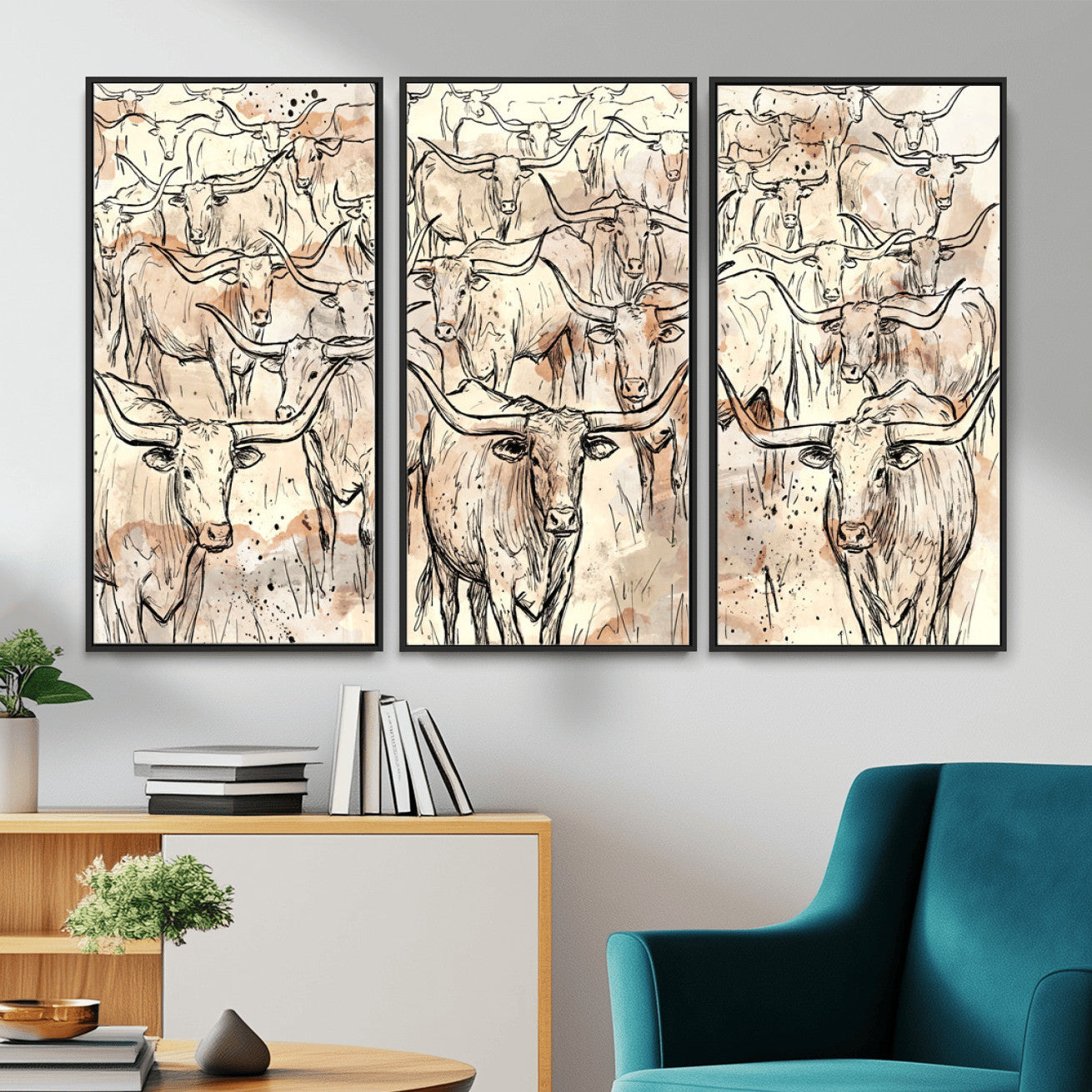 94055403-MGV-CV-36X24 - Farmhouse Animals Wall Art Canvas Print - Abstract Farm Animal Drawing Mid-Century Wall Art for Cabin Decor